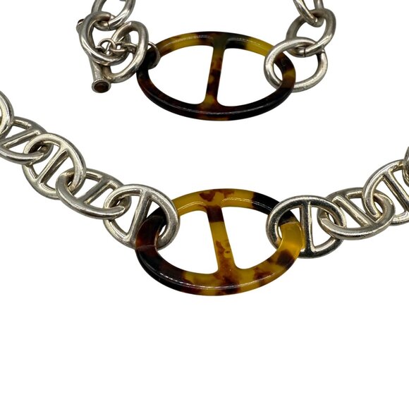 Chunky Chain Faux Tortoise Shell Link Necklace and Bracelet Set Silver Tone - Picture 2 of 4